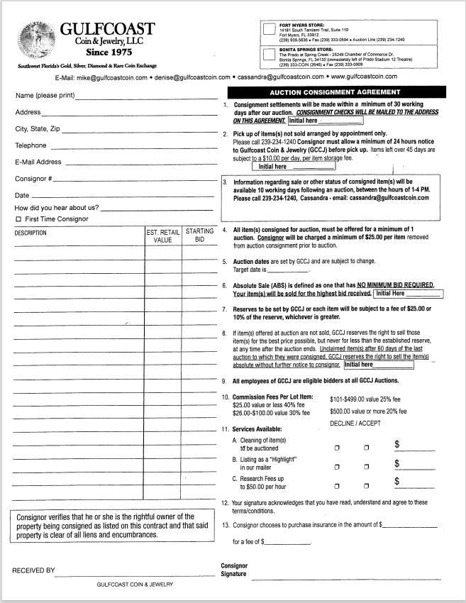Gulfcoast Coin and Jewelry Auction Consignment Agreement