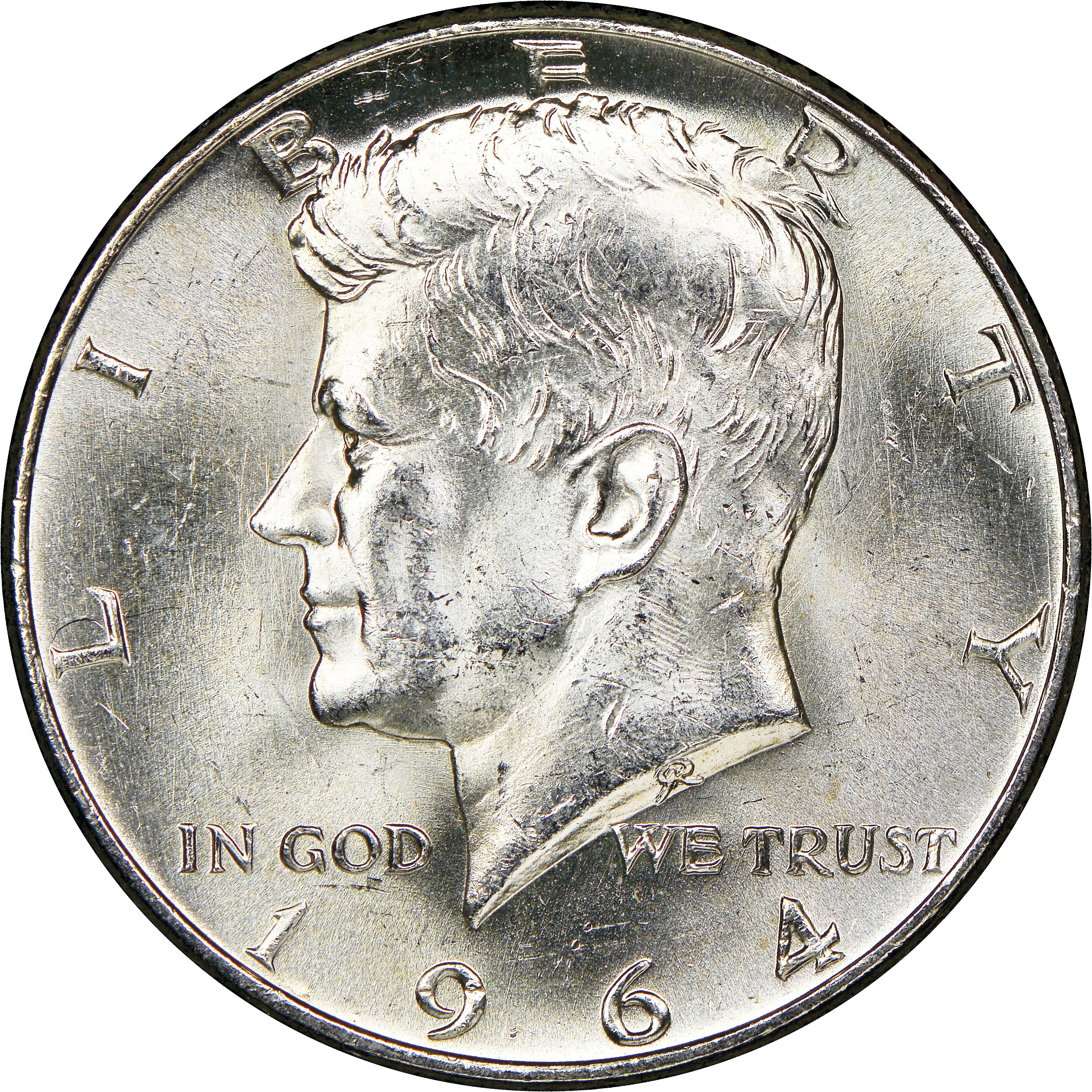 Front of a 1964 Kennedy 90 percent silver half dollar