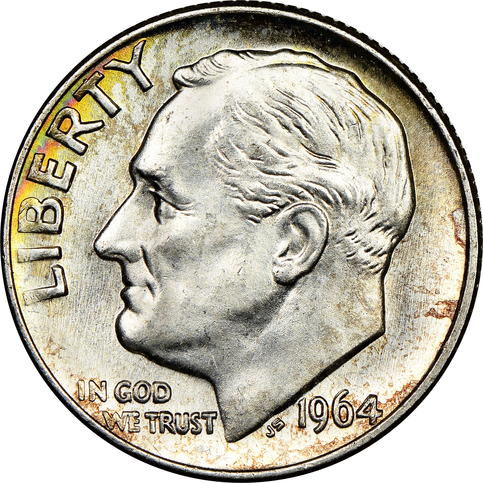 Front of a 1964 Roosevelt silver dime